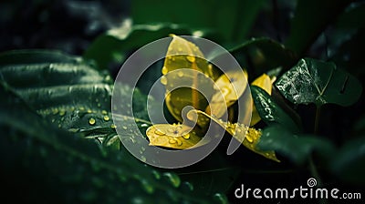 Closeup of Yellow turmeric tropical plant leaves with rain drops. Green natural backdrop. Generative AI Stock Photo