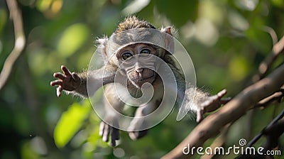 Closeup of a young macaque leaping through the branches its fur flying behind as it reaches out to tag its fellow Stock Photo