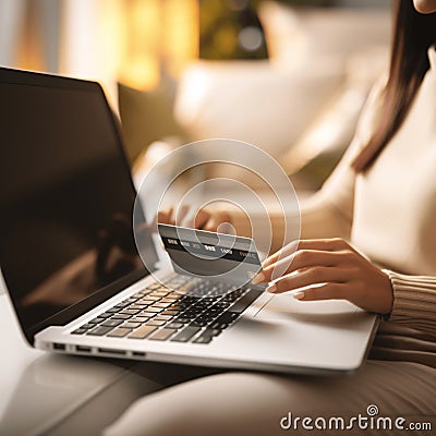 In a closeup, a young woman is engrossed in online shopping on her laptop, credit card in hand, as she explores the enticing world Cartoon Illustration