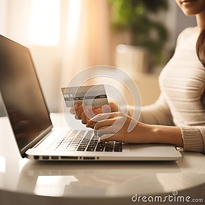 In a closeup, a young woman is engrossed in online shopping on her laptop, credit card in hand, as she explores the enticing world Cartoon Illustration