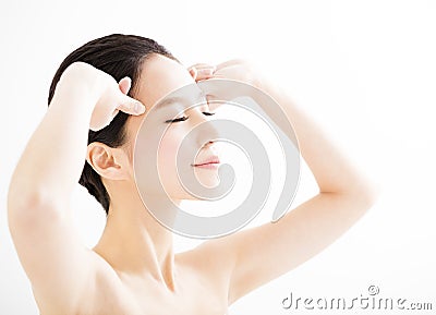 Closeup young woman face with massage gesture Stock Photo