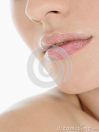 Closeup Of Young Woman Wearing Pink Lipstick Stock Photo