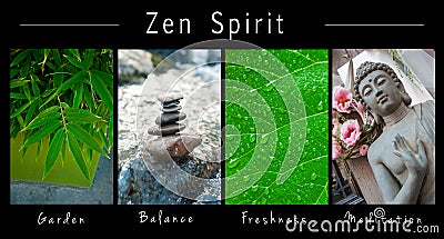 Zen spirit - collage with text : Garden, Balance, Freshness and Meditation Stock Photo