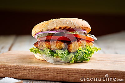 Closeup on zinger burger with deep fried chicken Stock Photo
