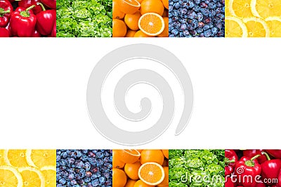 Closeups of fruits and vegetables above and under white copy space Stock Photo