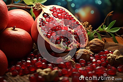 Closeups of pomegranates watermelons and nuts Stock Photo