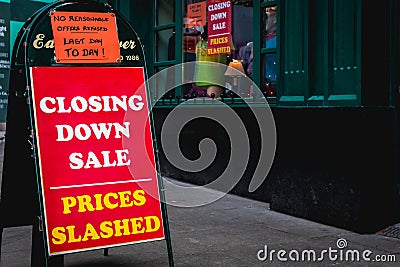 Closing Down Sale - Prices Slashed - No reasonable offers refused - Last day to day - on a street sign Editorial Stock Photo