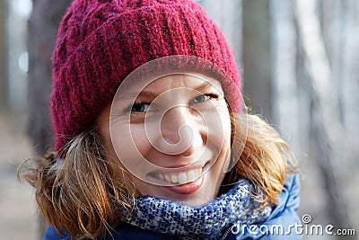 Closrup outdoor portrait of woman walking in the fores Stock Photo