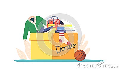 Cloth Donation and Charity Concept. Carton Box Full of Different Clothes, Stationery, School Stuff and Books for Poor Vector Illustration