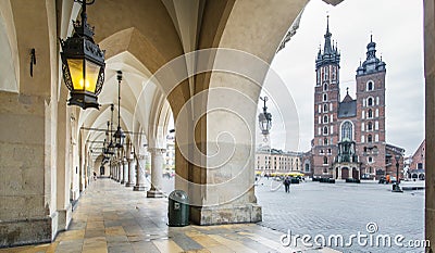 The Cloth Hall and Saint Mary Basilica in Krakow Editorial Stock Photo