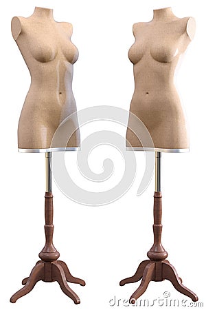 2 cloth shop dummies on wooden tripod stands - angled poses Stock Photo