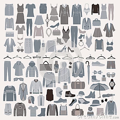 Clothes and accessories Fashion icon set. Men and women clothes Vector Illustration