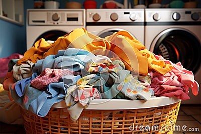 Clothes accumulate, creating a messy scene within the confines of the laundry basket Stock Photo