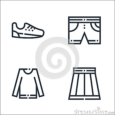 clothes and apparel line icons. linear set. quality vector line set such as female skirt, sweater, shorts Vector Illustration