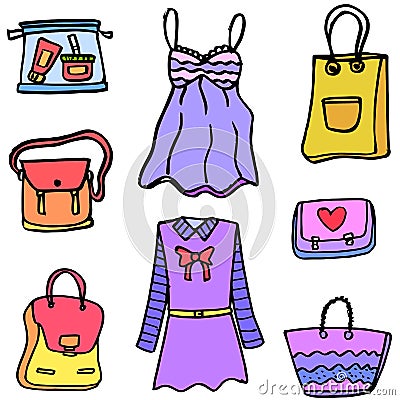 Clothes and bag women of doodles Vector Illustration