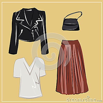 Clothes and bags. Coats and dresses, skirts and blouses, trousers and jeans, backpack and briefcase, handbags. Fashion. The basic Vector Illustration