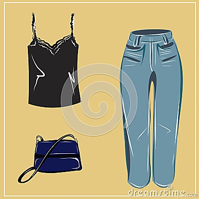 Clothes and bags. Coats and dresses, skirts and blouses, trousers and jeans, backpack and briefcase, handbags. Fashion. The basic Vector Illustration