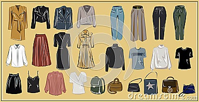 Clothes and bags. Coats and dresses, skirts and blouses, trousers and jeans, backpack and briefcase, handbags. Fashion. The basic Vector Illustration