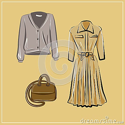 Clothes and bags. Coats and dresses, skirts and blouses, trousers and jeans, backpack and briefcase, handbags. Fashion. The basic Vector Illustration