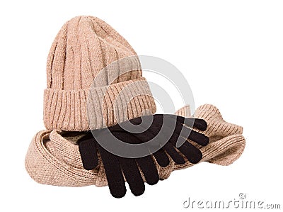 Clothes for a cold season: woolen cap, scarf and gloves Stock Photo