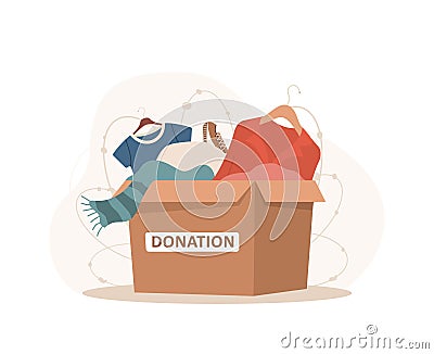 Clothes donation. Cardboard box full of different things. Volunteering and social care concept. Support for poor people Vector Illustration