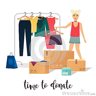 Clothes donation. Girl makes clothes donations. Vector Illustration