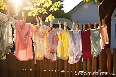 Clothes drying on a clothesline on a sunny summer day. children's colorful clothing drying, AI Generated Stock Photo