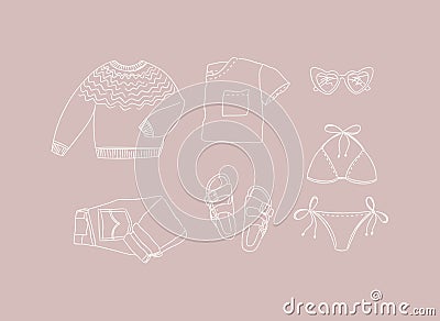 Clothes for everyday modern travel look peach color Vector Illustration