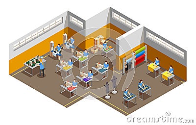 Clothes Factory Interior Isometric Composition Vector Illustration