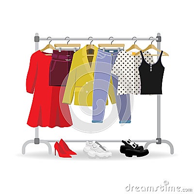 Clothes hanger with casual woman clothes, footwear Vector Illustration