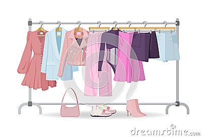 Clothes hanger with casual woman clothes, footwear Vector Illustration