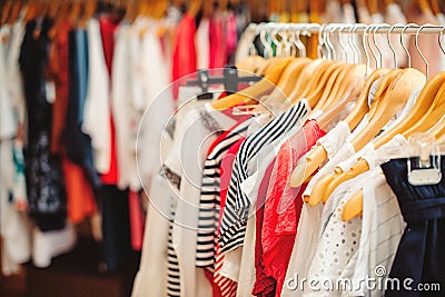 Clothes hangers with colorful clothes in a women shop. Summer sale. Stock Photo