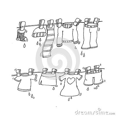 Clothes hanging clothes hanging with clothespins chine coloring humorous children Stock Photo