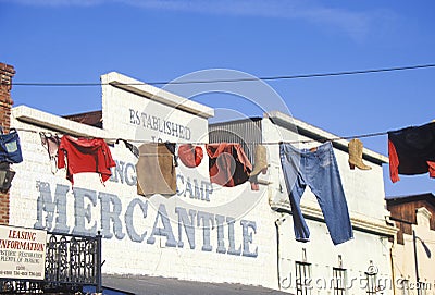 Clothes hanging on line outside Mercantile in Historic Angels camp, Gold Rush town, CA Editorial Stock Photo