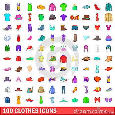 100 clothes icons set, cartoon style Vector Illustration