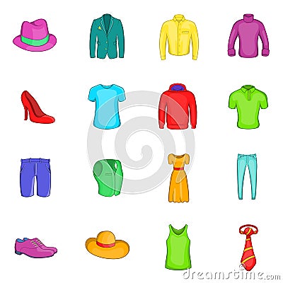 Clothes icons set, cartoon style Vector Illustration