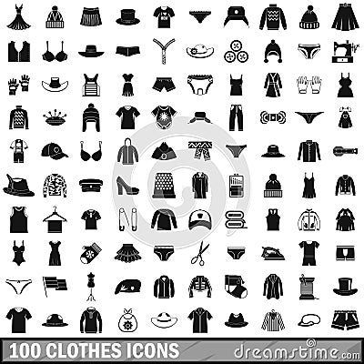 100 clothes icons set, simple style Vector Illustration