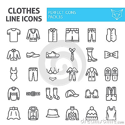 Clothes line icon set, clothing symbols collection, vector sketches, logo illustrations, wear signs linear pictograms Vector Illustration