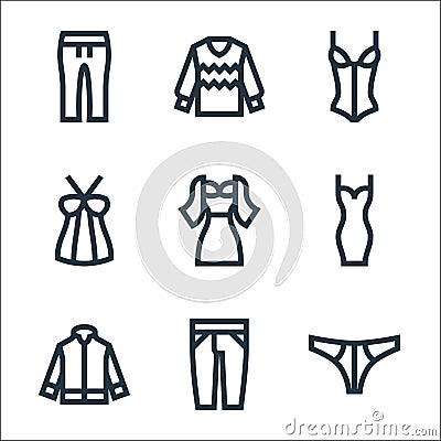 Clothes line icons. linear set. quality vector line set such as panties, jeans, jacket, dress, dress, top, corset, sweater Vector Illustration