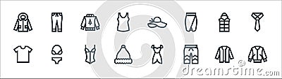 Clothes line icons. linear set. quality vector line set such as jacket, swimwear, santa claus, tshirt, waistcoat, sweater, pamela Vector Illustration