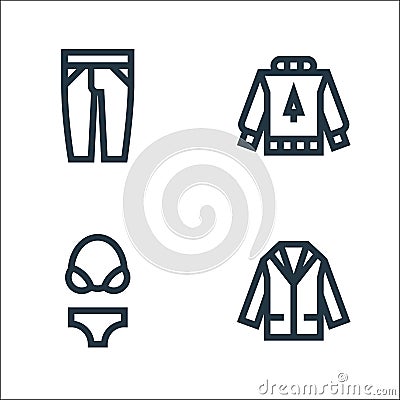 Clothes line icons. linear set. quality vector line set such as suit, bikini, sweater Vector Illustration