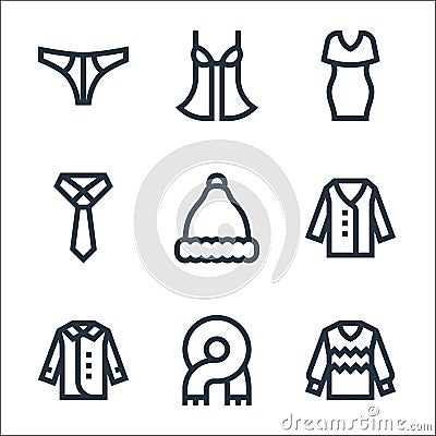 Clothes line icons. linear set. quality vector line set such as sweater, scarf, jacket, cardigan, santa claus, tie, dress, Vector Illustration