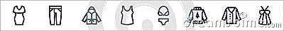 Clothes line icons. linear set. quality vector line set such as top, cardigan, sweater, bikini, singlet, bathrobe, jeans Vector Illustration