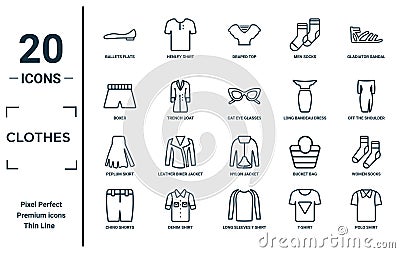 clothes linear icon set. includes thin line ballets flats, boxer, peplum skirt, chino shorts, polo shirt, cat eye glasses, women Vector Illustration