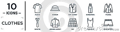 clothes linear icon set. includes thin line fleece, suit jacket, pijama, jogging jacket, camisole, swim shorts, necktie icons for Vector Illustration