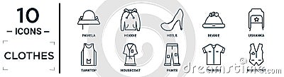 clothes linear icon set. includes thin line pamela, heels, ushanka, housecoat, chemise, waistcoat, tanktop icons for report, Vector Illustration