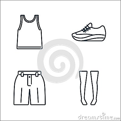 clothes and outfit line icons. linear set. quality vector line set such as knee high socks, shorts, sport shoe Vector Illustration