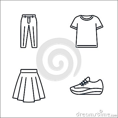 clothes and outfit line icons. linear set. quality vector line set such as sport shoe, skirt, tshirt Vector Illustration