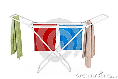 Clothes over White Folding Metal Clothes Drying Rack. 3d Rendering Stock Photo