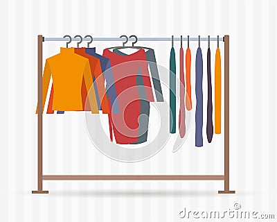 Clothes racks with dresses on hangers. Vector Illustration